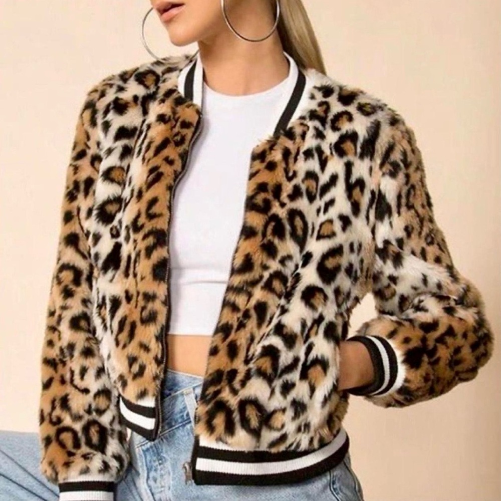 BB Dakota Leopard Faux Fur Bomber Jacket Cozy Statement Y2K Glam Small